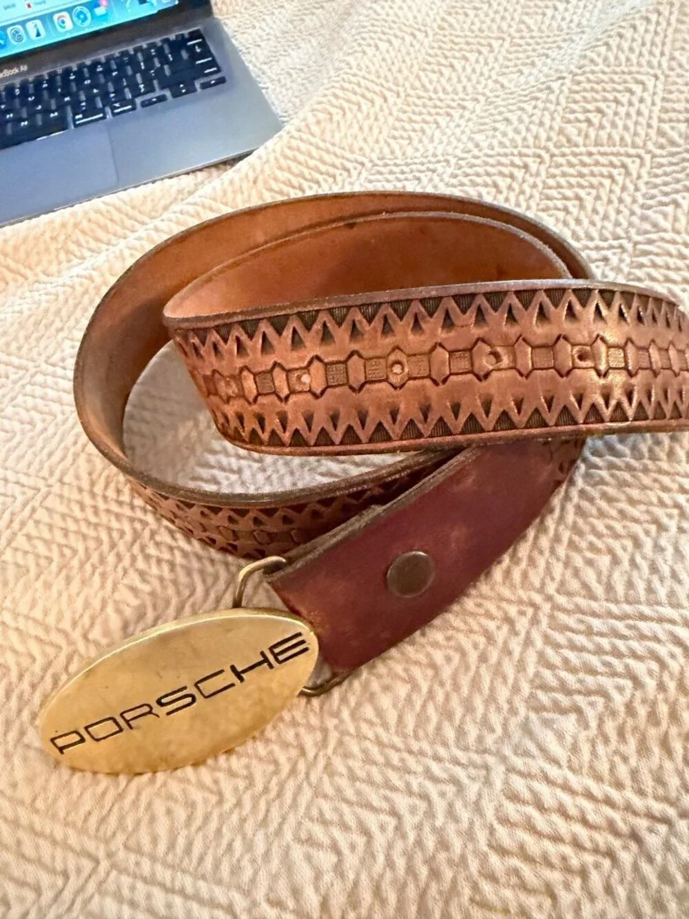 Porsche Mens Belt Brass Buckle Leather Strap Brown Tooled 34-40 inches Vintage